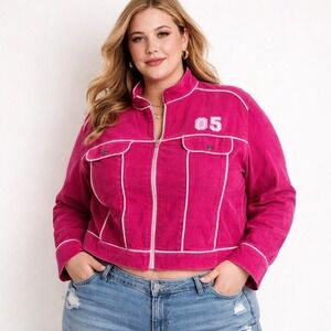 Y2K Hot Pink Corduroy Track Jacket Zip Front Varsity 05 Retro Crop Retro plus 20